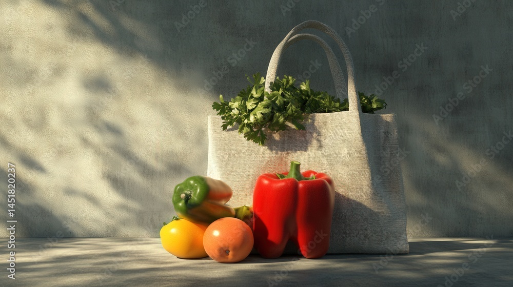 Poster fresh vegetables and herbs in a canvas bag on a textured surface with soft shadows