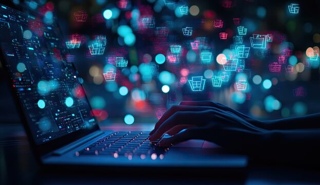 Hands typing on a laptop with shopping cart icons overlayed on a night cityscape.  The screen displays data visualizations
