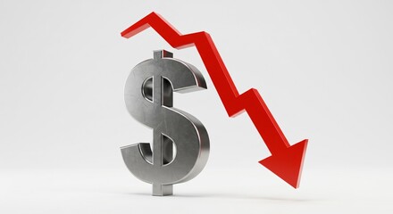 Fototapeta premium Dollar symbol with red arrow pointing downward indicating financial loss. Concept of currency devaluation and economic crisis for stock market analysis or report.