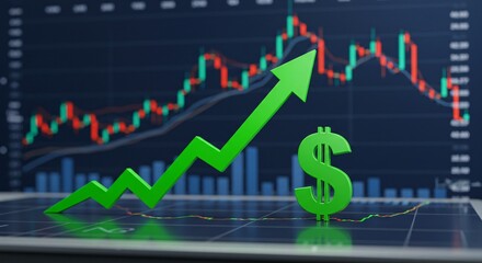 Green arrow and dollar sign over stock market chart. Financial growth concept on digital screen for business and investment analysis.