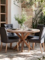 Fototapeta premium Outdoor dining set, rustic wooden table and chairs