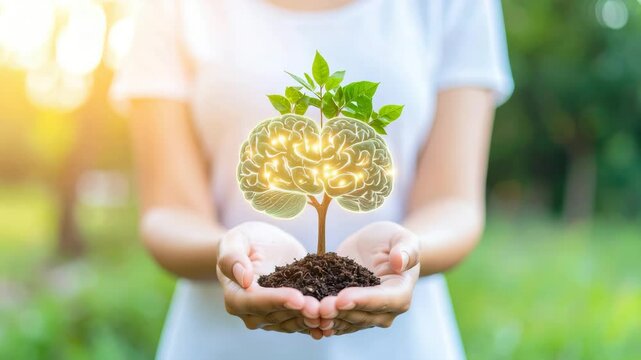 A person holds soil with a growing plant, whose leaves emerge from a glowing brain shape, symbolizing growth and intelligence.