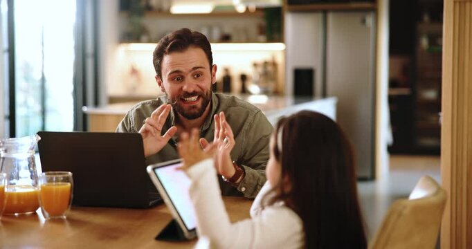 Child, tablet and help of dad for elearning and remote working for math, finger counting and app. Girl kid, freelancer and technology at family home with freelancing man, teaching or online education