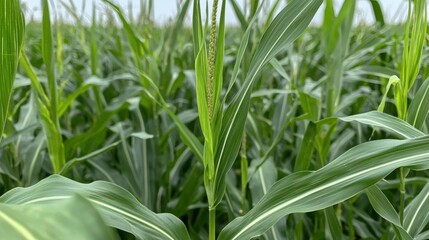 Fototapeta premium Close-up of a tall green plant with long, thin leaves. the plant appears to be a corn plant, as there are several rows of leaves visible in the background.