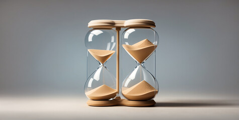 Fototapeta premium A digital stock image shows two side-by-side hourglasses, one half-empty and the other mostly full, against a blurred background. The sand inside each is tan, suggesting themes of time or deadlines.