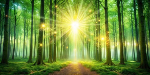 Obraz premium Sunbeams Illuminate a Mystical Forest Path, Glowing with an Ethereal Light, Creating a Serene and Magical Atmosphere