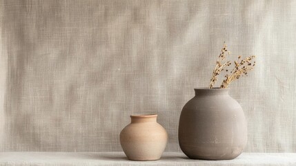 Two small vases on a white surface with a beige background. the vases are made of clay and have a light brown color. on the right side of the image, there is a small vase with dried flowers in it.
