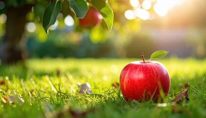 A Single Red Apple Under a Tree: A single ripe red apple rests on the green grass, bathed in the warm light of the setting sun.