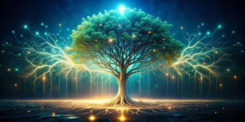 A majestic tree of life, illuminated by ethereal energy, stands as a symbol of interconnectedness and the flow of vital energy within nature's intricate network.