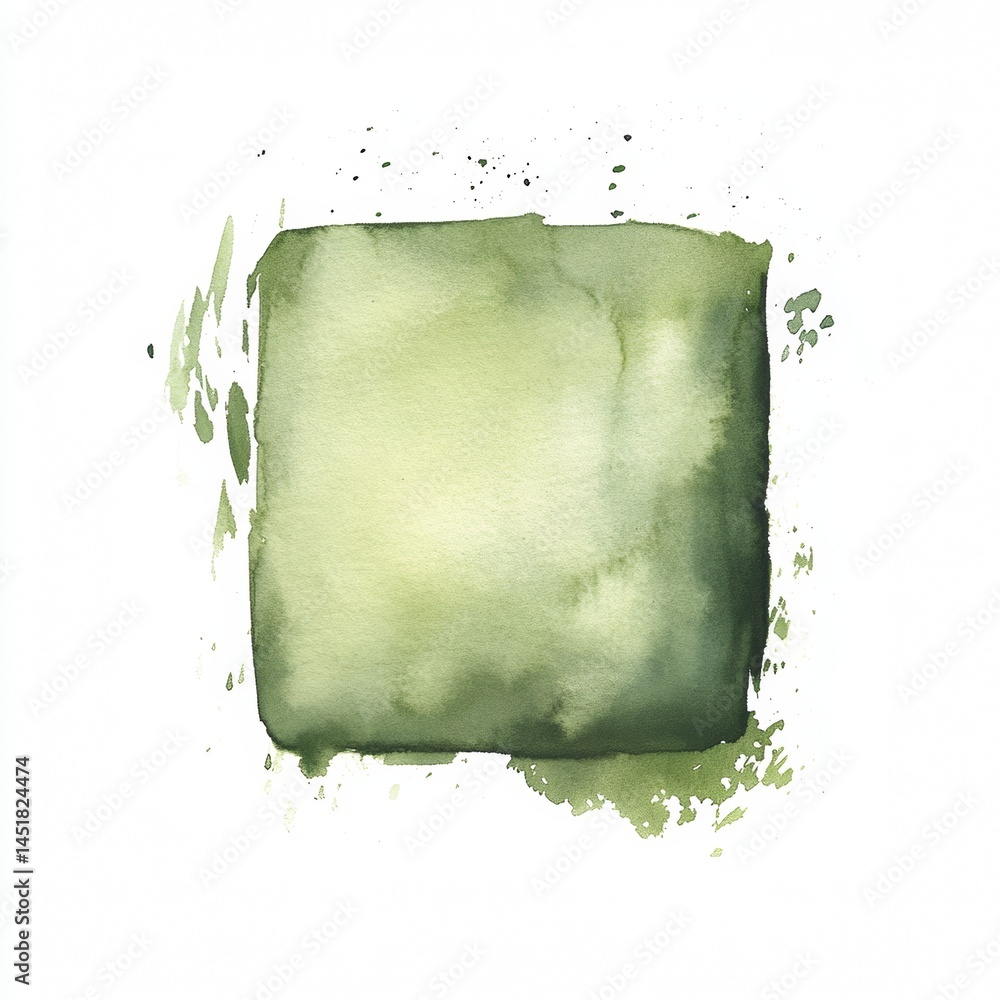 Poster watercolor textured square in soothing shades of green, with expressive splatters, creating a calmin