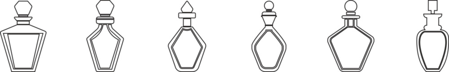 Perfume Bottle line art icon set.Fragrance perfume vector. Line and glyph perfume.Clothing costumes and accessories concept.spray bottle of icon.perfume bottle with liquid inside, glowing reflection.