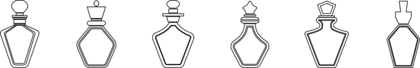 Perfume Bottle line art icon set.Fragrance perfume vector. Line and glyph perfume.Clothing costumes and accessories concept.spray bottle of icon.perfume bottle with liquid inside, glowing reflection.