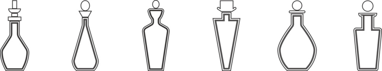 Perfume Bottle line art icon set.Fragrance perfume vector. Line and glyph perfume.Clothing costumes and accessories concept.spray bottle of icon.perfume bottle with liquid inside, glowing reflection.