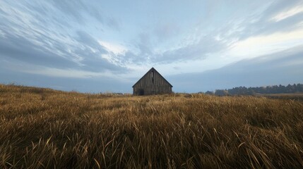 Old, dilapidated barn in the middle of a field. the barn is made of wood and has a triangular roof. it is surrounded by tall, golden grasses that are swaying in the wind.