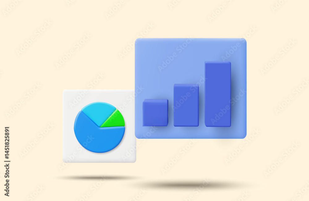Poster 3d illustration vector render of rising bar graph icon with floating circle graph. concept of data a