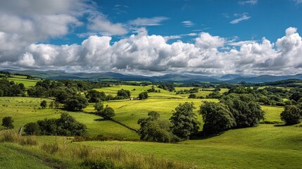 Serene Summer Pastures Under a Bright Sky with Dramatic Clouds