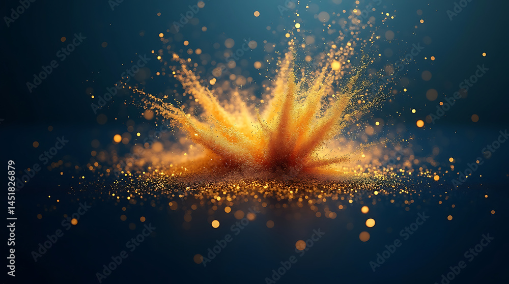 Poster realistic golden glitter explosion on a dark blue canvas with soft bokeh for a dramatic and elegant 