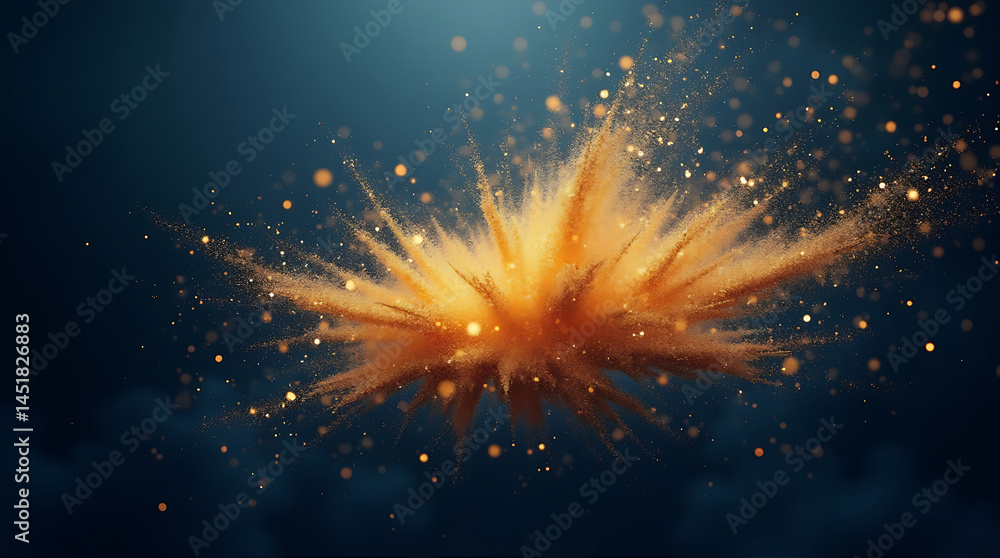 Poster realistic golden glitter explosion on a dark blue canvas with soft bokeh for a dramatic and elegant 