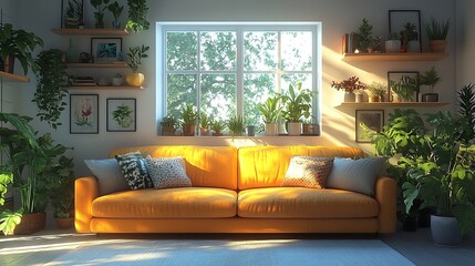 Cozy living space filled with plants and sunlight featuring an inviting couch. Relaxing interior with bright, natural light and greenery.