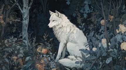 A wolf sitting calmly in a forest, illustrated with detailed foliage and natural elements.