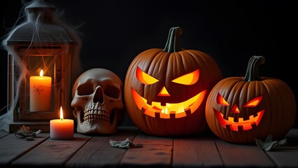 Spooky Halloween Pumpkins Jack o Lantern with Skull Candles