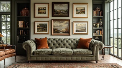 A luxurious living room features a tufted green sofa with orange throw pillows, surrounded by art, bookshelves, and a large window view.