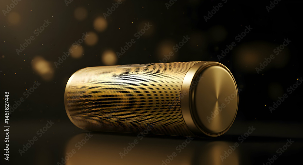 Aufkleber gold cylinder object on reflective surface with bokeh background