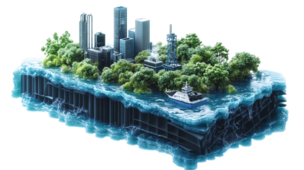Floating AI-powered pollution response coordination platform, isolated, PNG format, transparent background. Varient 3