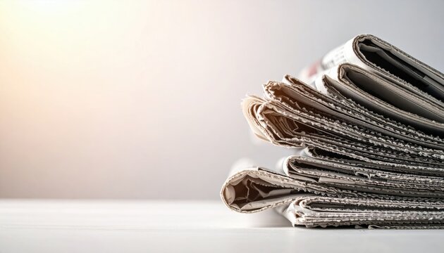 Daily News Stack: A close-up shot reveals a stack of folded newspapers, their pages hinting at the day's events, resting on a sleek surface, a beacon of current affairs.