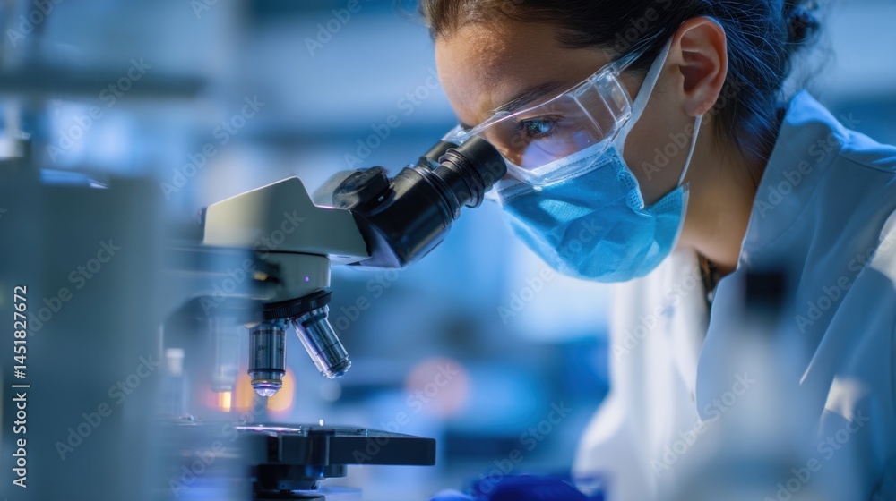 Poster scientist in a lab studying with microscope