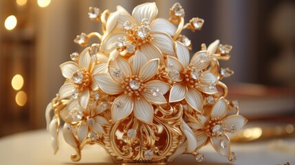 Close-up of round clusters of white, fluffy flowers against a green backdrop of bushes, with dewdrops.