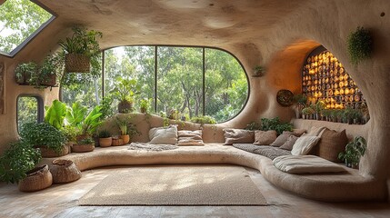 Serene indoor space with an earthy aesthetic, integrates nature with lush greenery and a panoramic view of foliage.