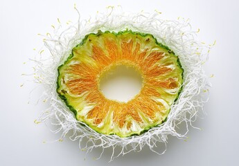 Circular citrus slice, delicate white threads.  Inner layers of vibrant colors