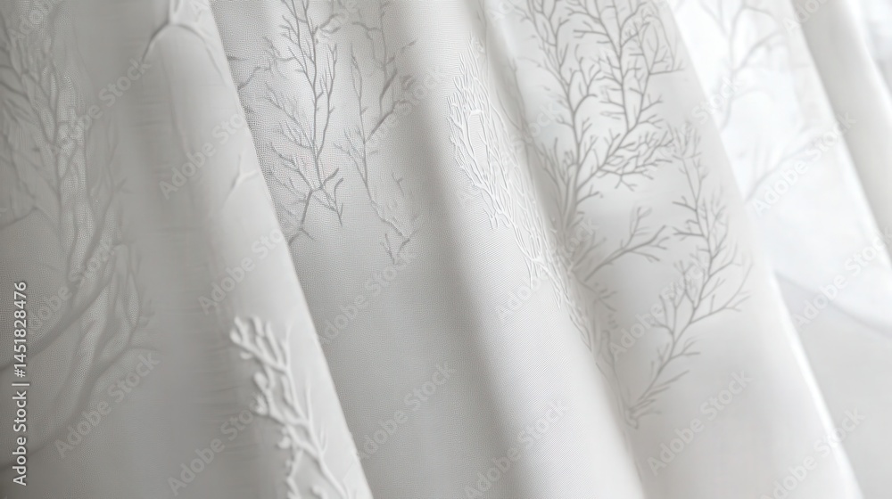 Poster curtains with a subtle snowy motif cascade over a white backdrop, capturing the essence of winter in