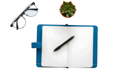 Open sky blue notebook with a black pen, black-rimmed glasses, and a small potted succulent on a transparent background - a top-down view of a simple desk setup.