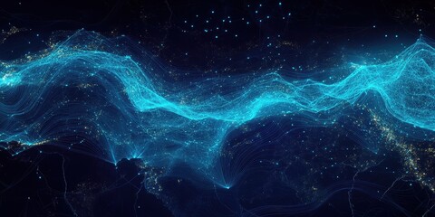 Abstract Blue Wave Design with Glowing Particles in Dark Background Creating Dynamic Motion and Modern Futuristic Style Art