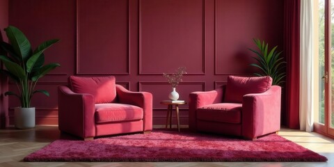 Crimson Velvet Armchairs in a Sunlit Room with Rich Paneling and Plush Rug