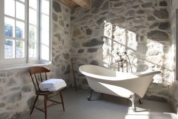 Rustic stone bathroom with clawfoot tub (1)