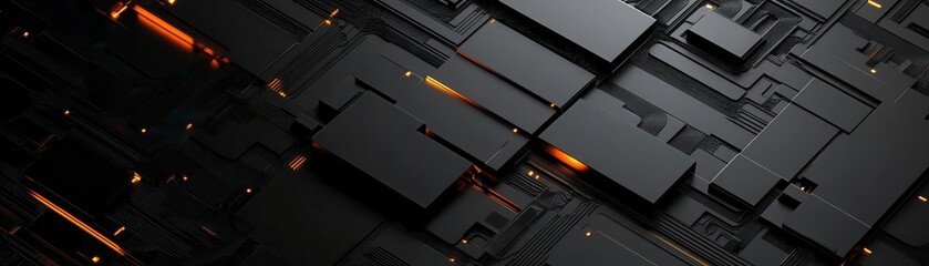 Abstract Circuit Board Design with Geometric Patterns Technology Background in Black and Orange Hues for Modern Futuristic Digital High Tech Hardware and Artificial Intelligence