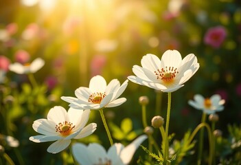 Obraz premium Delicate white anemone blossoms in vibrant summer sunlight, fresh, closeup photography