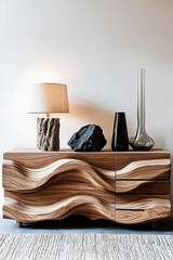 Design wooden carved cut cabinet with decor and lamp near white blank mock up wall with copy space in minimalist interior design of modern living room.

