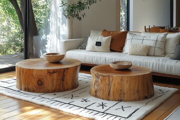 Two large tree stump side tables in living room, one round and one square, with white rug underneath, minimalist style sofa behind