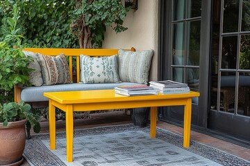 Small yellow coffee table on grey outdoor rug with newspapers and books, two legs at each end