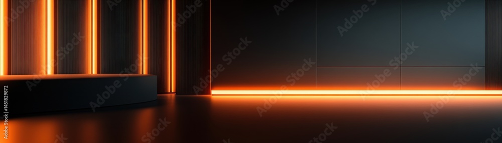 Poster abstract dark room with orange glowing lights product display podium in a modern futuristic style de