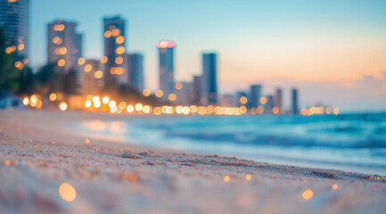 Blurred summer beach background with bokeh lights and pastel sky