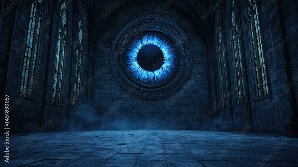 Poster mysterious gothic setting with enormous eye and dark atmosphere in abandoned structure
