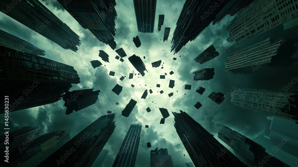 Poster surreal view of tall buildings under dark clouds with falling objects from above
