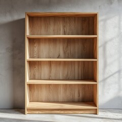Simple, light-colored wooden bookcase with four shelves