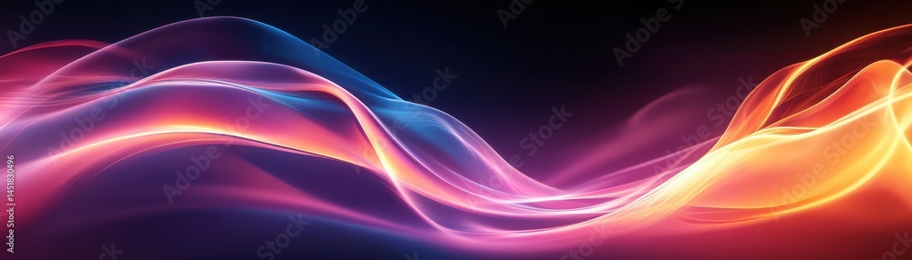 Poster abstract flowing light waves background in purple and orange tones digital art design with glowing e