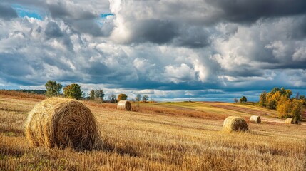 Fototapeta premium Scenic Autumn Countryside Field with Hay Bales and Dramatic Sky